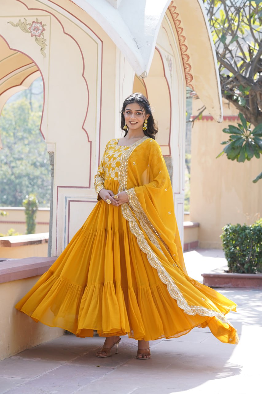 Faux Blooming Yellow Embroidered Gown with Viscose Jacquard & Dupatta ClothsVilla