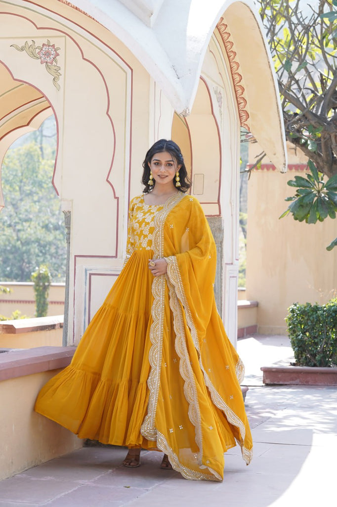 Faux Blooming Yellow Embroidered Gown with Viscose Jacquard & Dupatta ClothsVilla