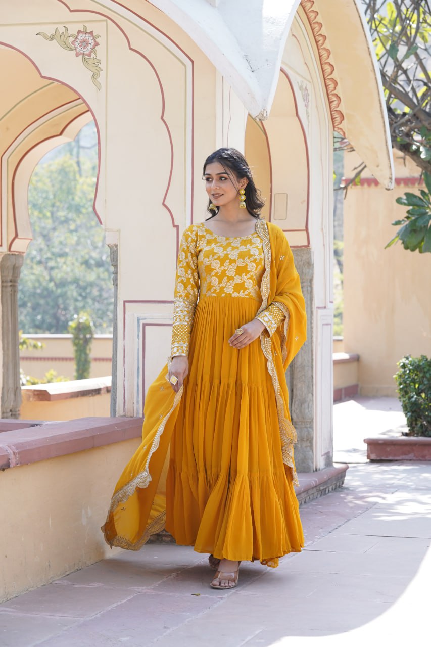 Faux Blooming Yellow Embroidered Gown with Viscose Jacquard & Dupatta ClothsVilla
