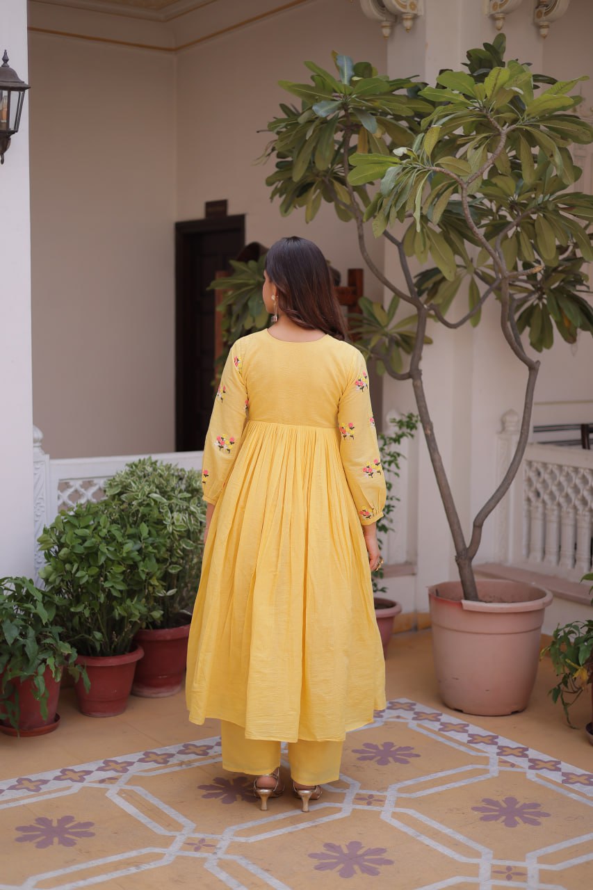 Yellow Embroidered Kurti Pant Set ClothsVilla