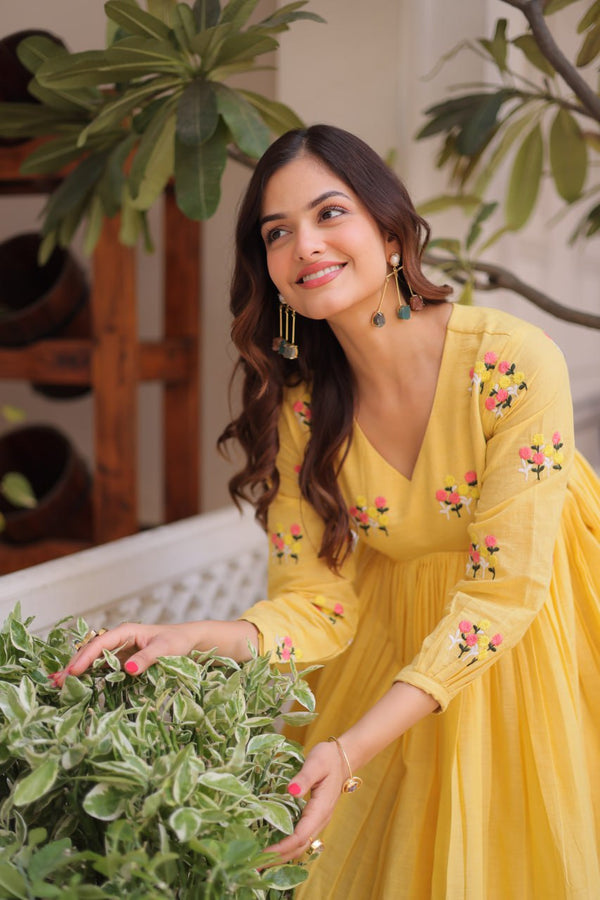 Yellow Embroidered Kurti Pant Set ClothsVilla
