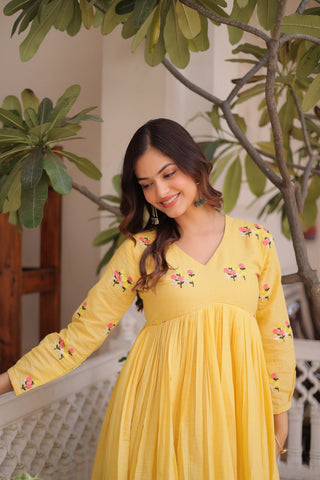 Yellow Embroidered Kurti Pant Set ClothsVilla