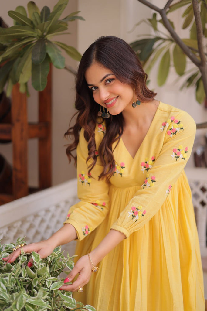 Yellow Embroidered Kurti Pant Set ClothsVilla