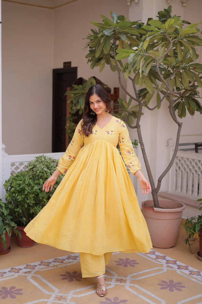 Yellow Embroidered Kurti Pant Set ClothsVilla