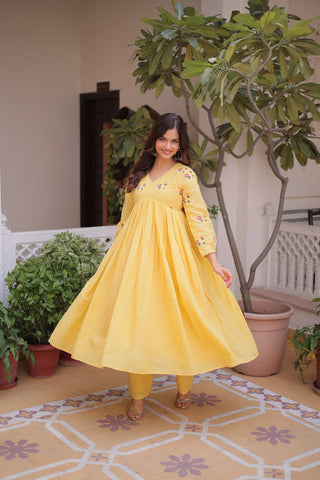 Yellow Embroidered Kurti Pant Set ClothsVilla