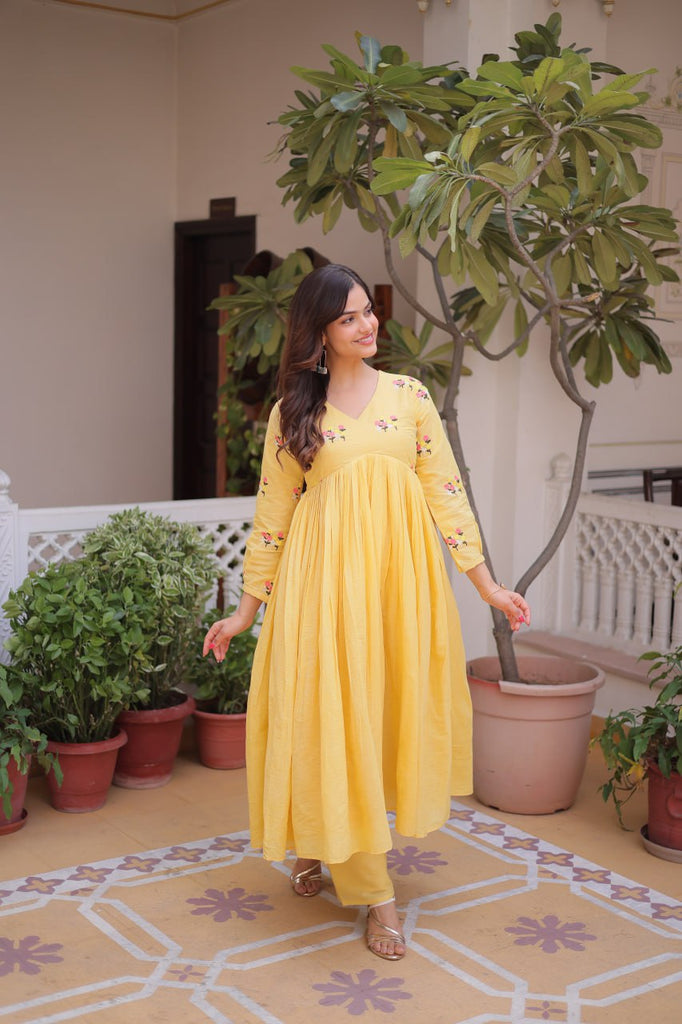 Yellow Embroidered Kurti Pant Set ClothsVilla