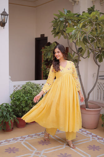 Yellow Embroidered Kurti Pant Set ClothsVilla
