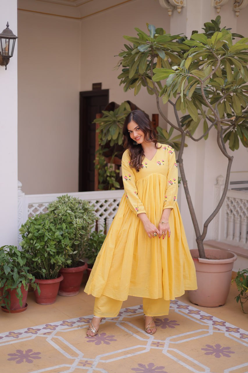 Yellow Embroidered Kurti Pant Set ClothsVilla