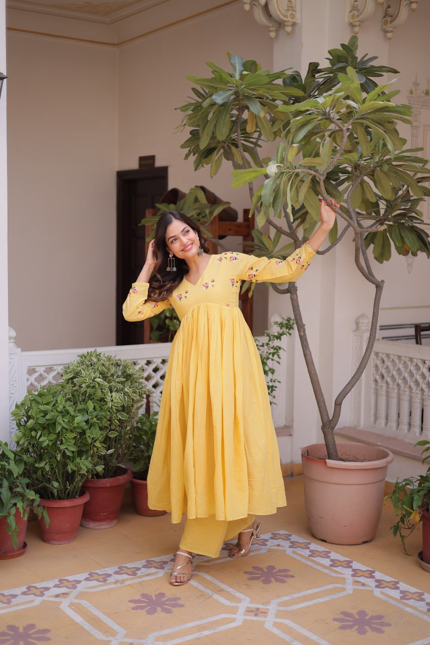 Yellow Embroidered Kurti Pant Set ClothsVilla