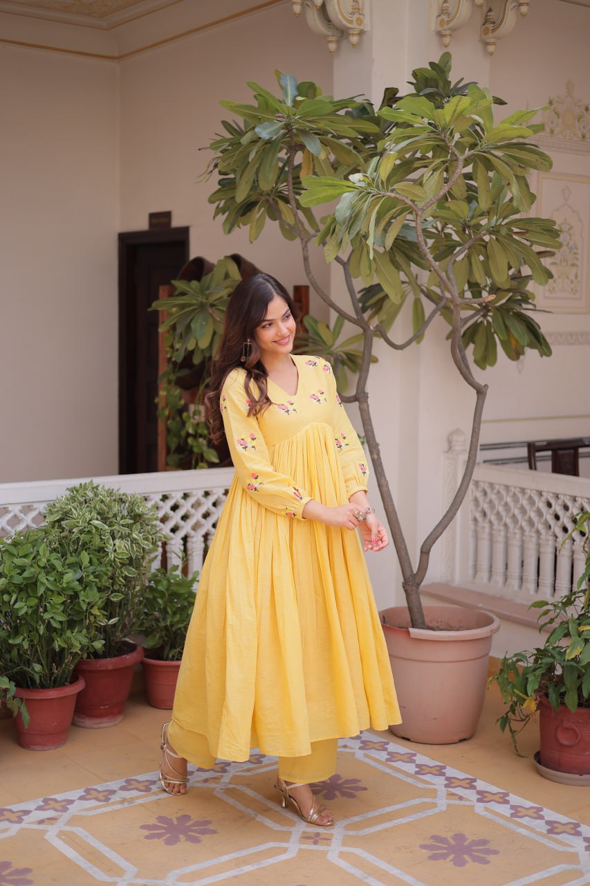 Yellow Embroidered Kurti Pant Set ClothsVilla
