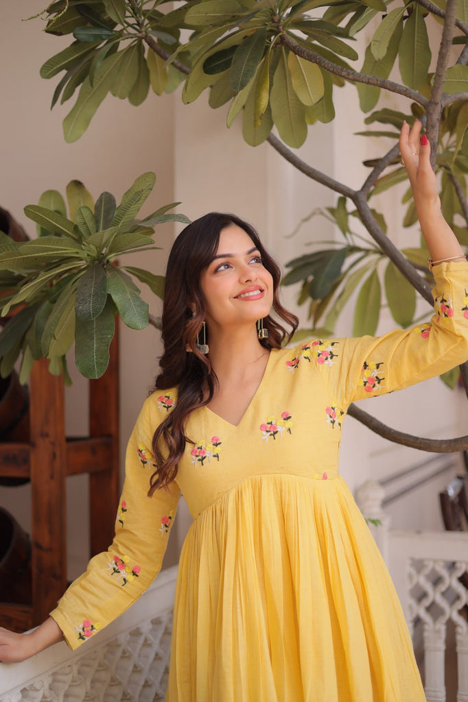 Yellow Embroidered Kurti Pant Set ClothsVilla