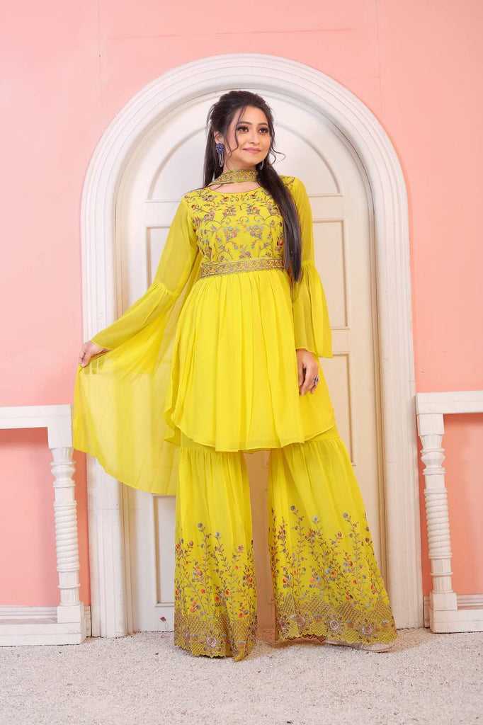 Yellow Embroidered Sharara Suit With Dupatta For Haldi