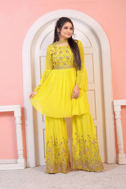 Yellow Embroidered Sharara Suit With Dupatta For Haldi Main image