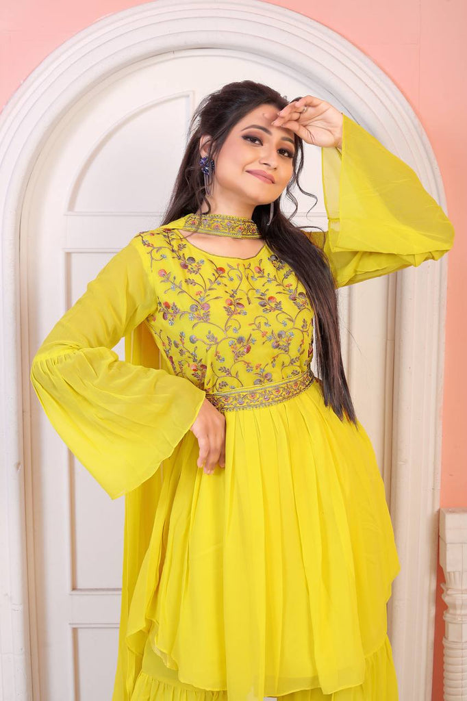 Yellow Embroidered Sharara Suit With Dupatta For Haldi