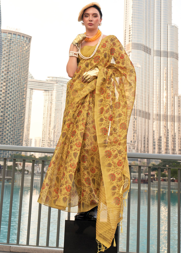 Yellow Exquisite Blended Tissue Silk Saree with Blouse Piece ClothsVilla