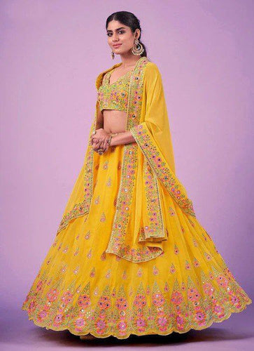 Yellow Exquisite Faux Georgette Semi-Stitched Lehenga with Real Mirror & Zari Sequins Embroidery Work ClothsVilla