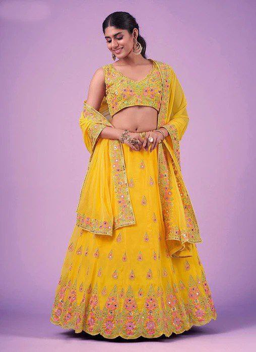 Yellow Exquisite Faux Georgette Semi-Stitched Lehenga with Real Mirror & Zari Sequins Embroidery Work ClothsVilla