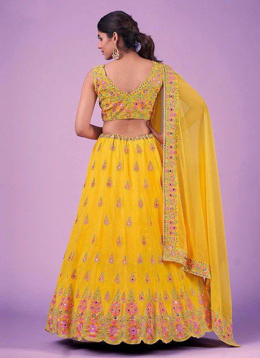 Yellow Exquisite Faux Georgette Semi-Stitched Lehenga with Real Mirror & Zari Sequins Embroidery Work ClothsVilla