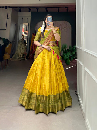 Yellow Exquisite Kanjivaram Silk Lehenga Choli with Zari Weaving ClothsVilla