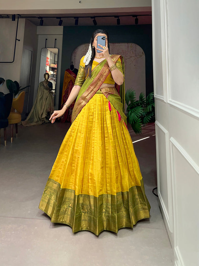 Yellow Exquisite Kanjivaram Silk Lehenga Choli with Zari Wea