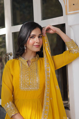 Yellow Faux Blooming Georgette Gown with Dupatta Clothsvilla