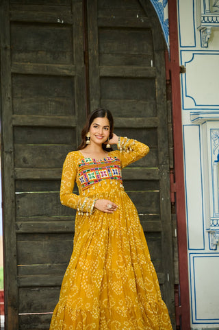 Yellow Faux Georgette Bandhani Print Gown with Kutchi Patchwork – Full Sleeves, 12 Meter Flair, Cotton Lining ClothsVilla