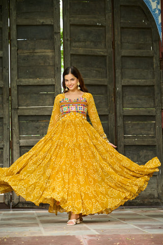Yellow Faux Georgette Bandhani Print Gown with Kutchi Patchwork – Full Sleeves, 12 Meter Flair, Cotton Lining ClothsVilla