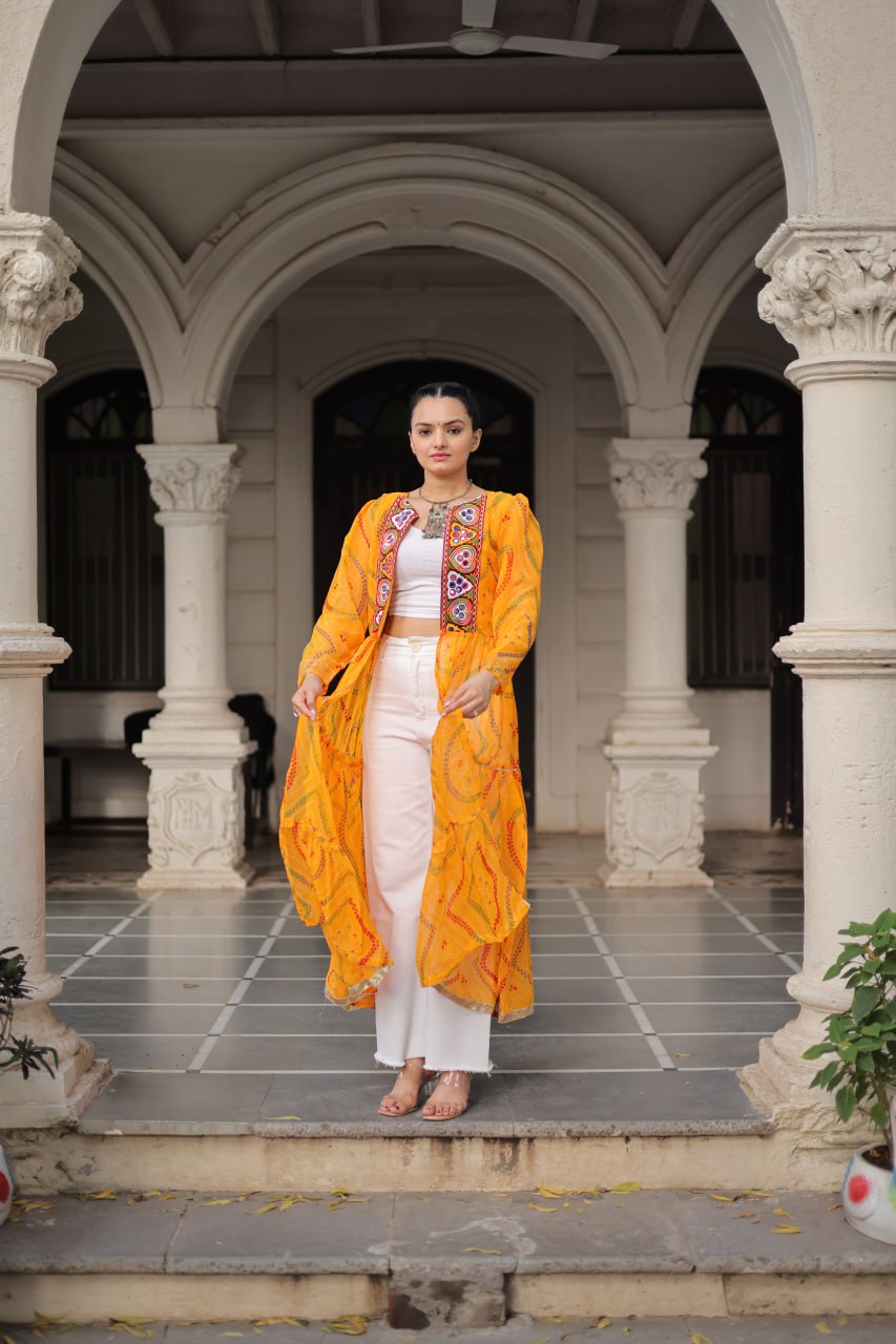 Yellow Faux Georgette Bandhani Shrug with Kutchi Patchwork ClothsVilla