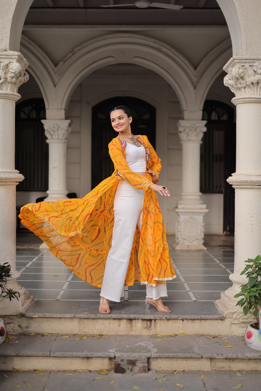 Yellow Faux Georgette Bandhani Shrug with Kutchi Patchwork ClothsVilla