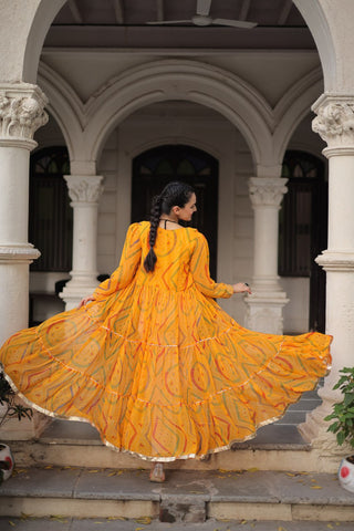 Yellow Faux Georgette Bandhani Shrug with Kutchi Patchwork ClothsVilla