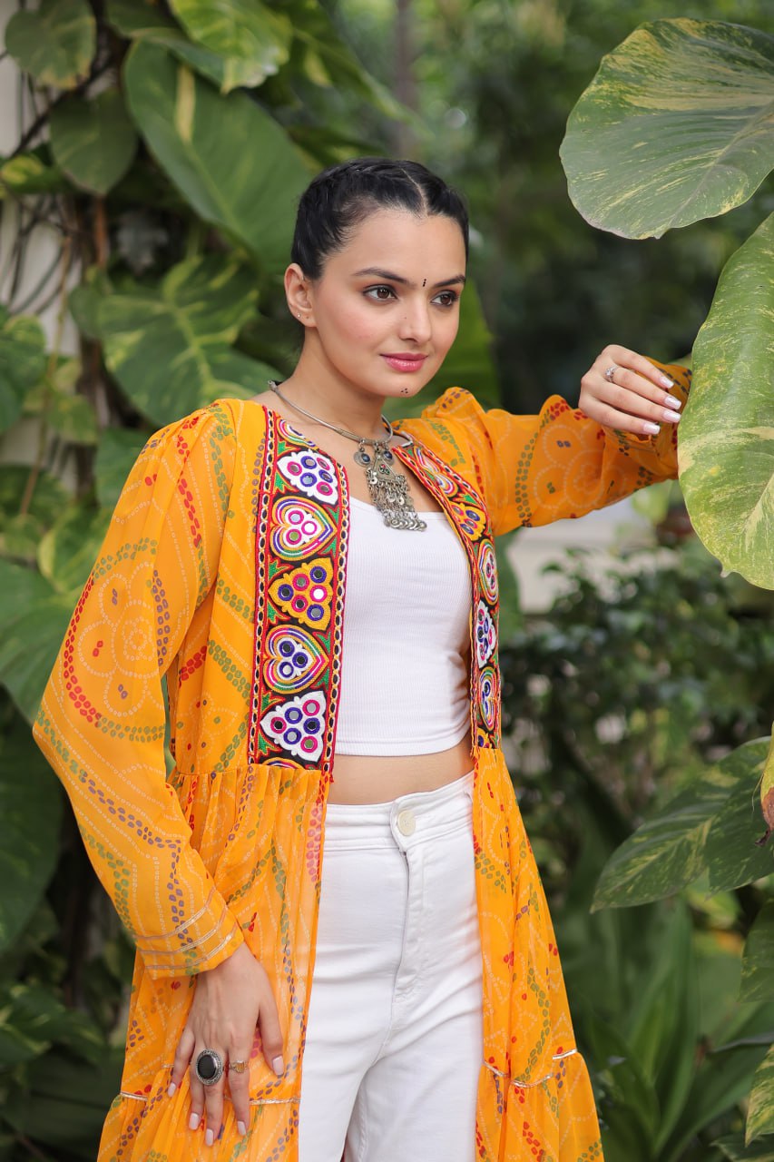 Yellow Faux Georgette Bandhani Shrug with Kutchi Patchwork ClothsVilla