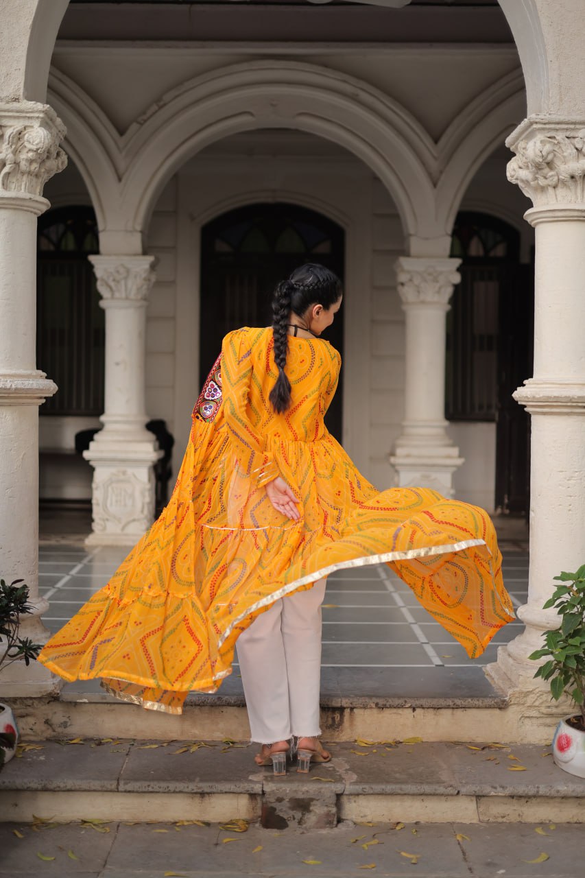 Yellow Faux Georgette Bandhani Shrug with Kutchi Patchwork ClothsVilla