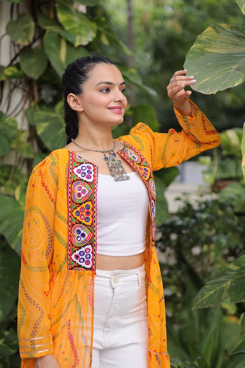 Yellow Faux Georgette Bandhani Shrug with Kutchi Patchwork ClothsVilla
