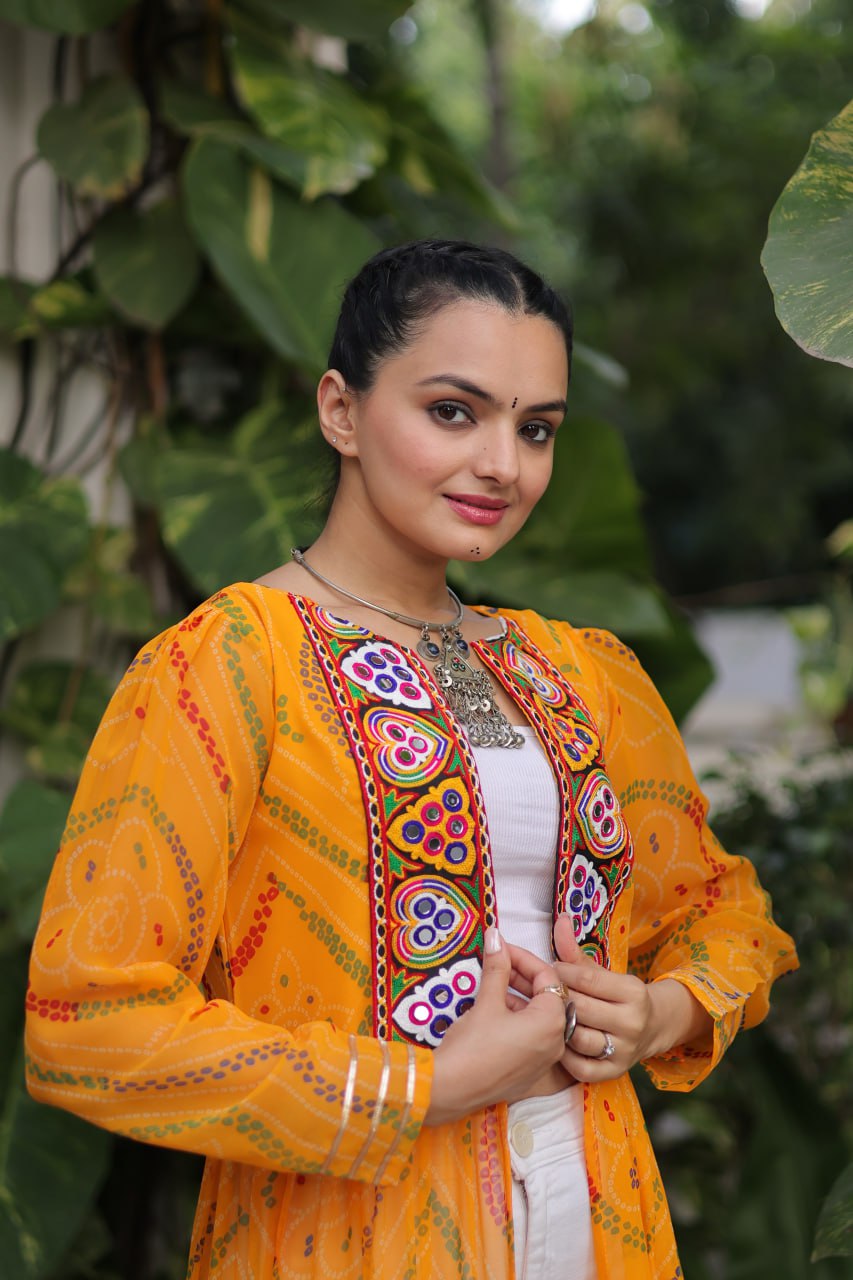 Yellow Faux Georgette Bandhani Shrug with Kutchi Patchwork ClothsVilla