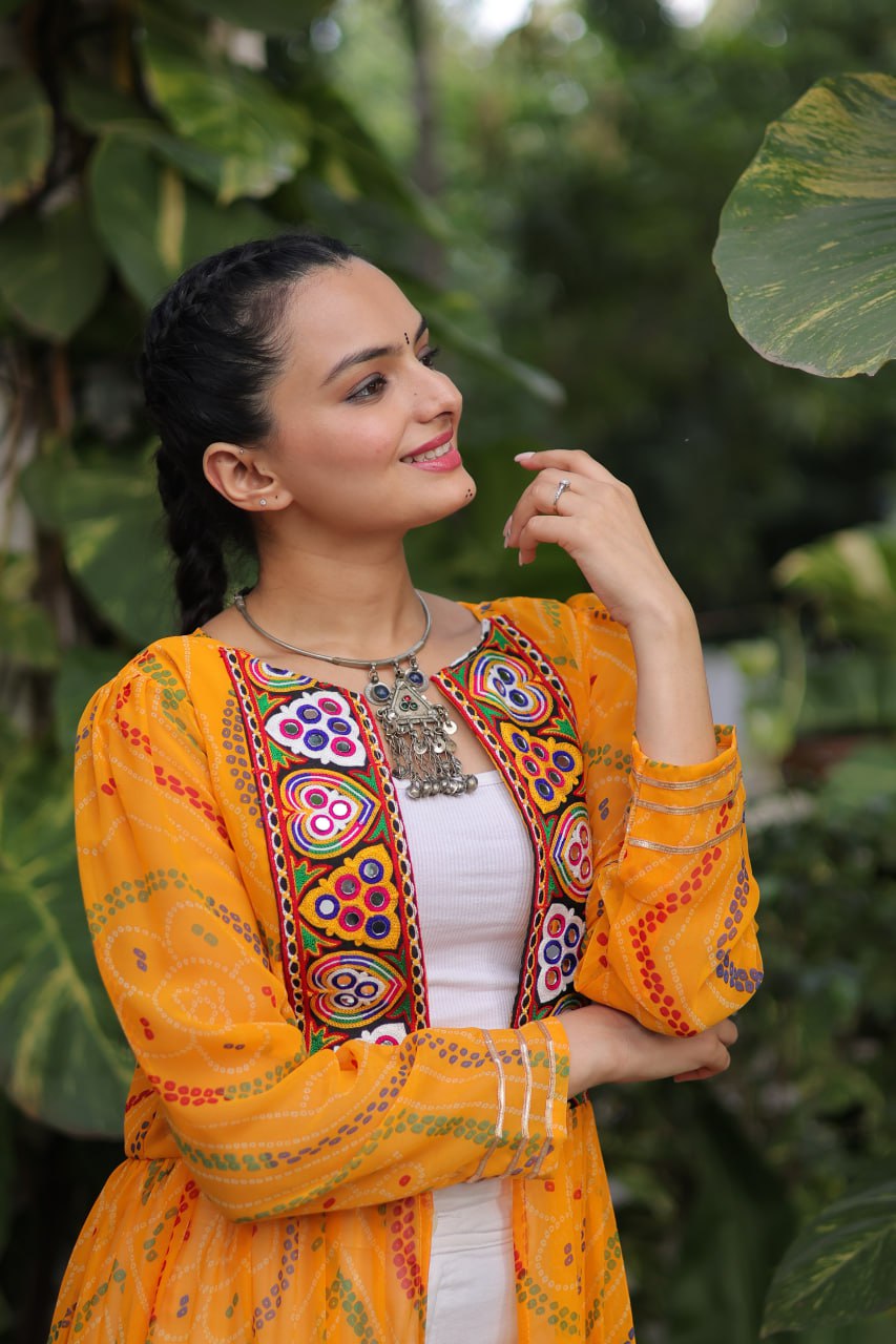Yellow Faux Georgette Bandhani Shrug with Kutchi Patchwork ClothsVilla