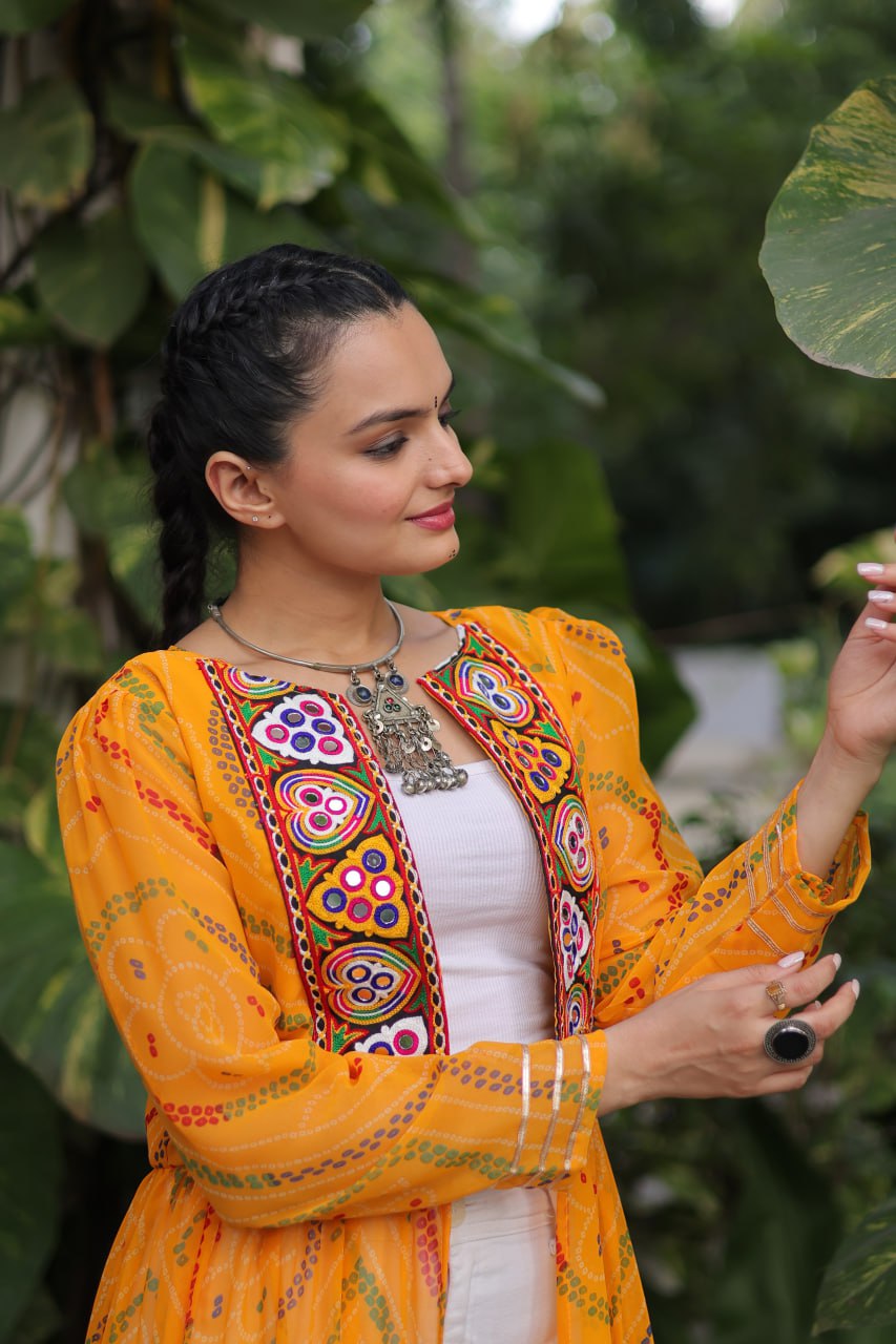 Yellow Faux Georgette Bandhani Shrug with Kutchi Patchwork ClothsVilla