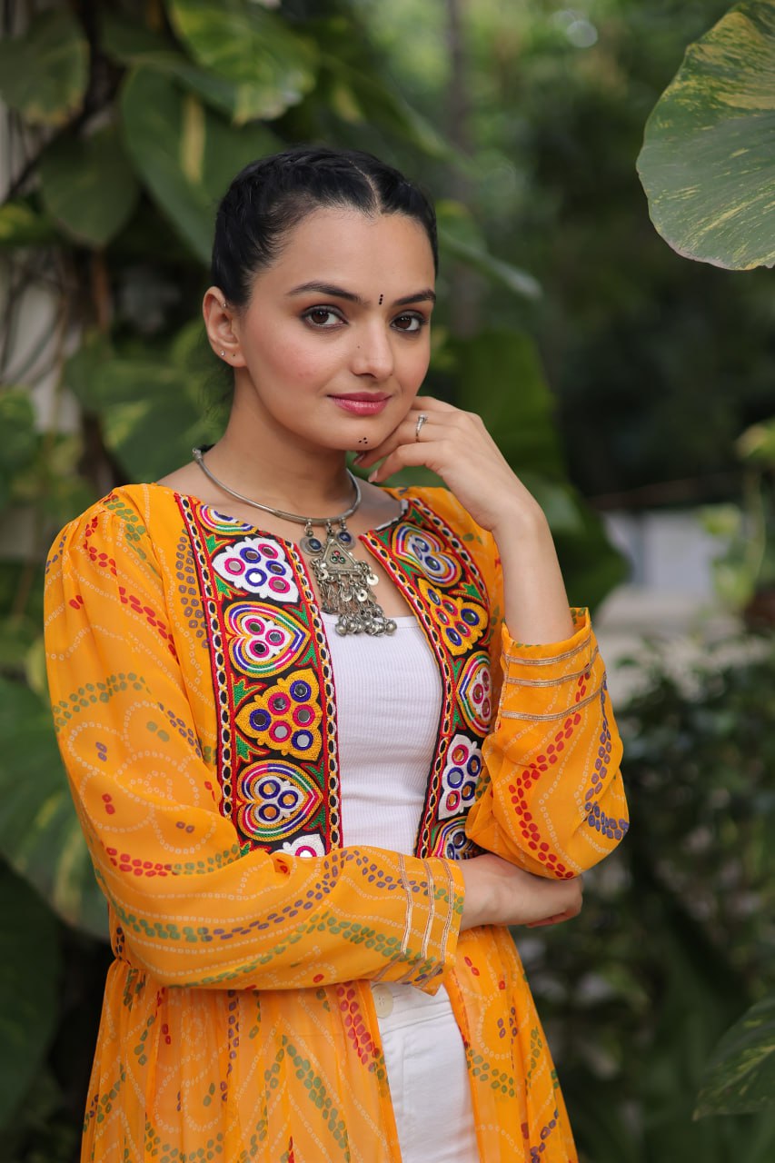Yellow Faux Georgette Bandhani Shrug with Kutchi Patchwork ClothsVilla