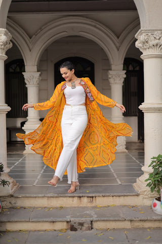Yellow Faux Georgette Bandhani Shrug with Kutchi Patchwork ClothsVilla