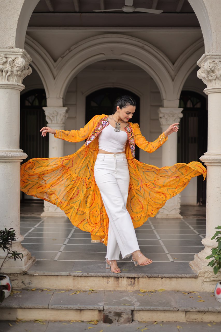 Yellow Faux Georgette Bandhani Shrug with Kutchi Patchwork ClothsVilla