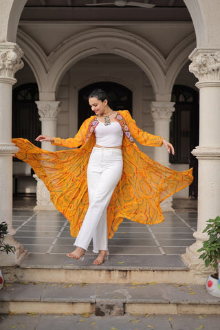 Yellow Faux Georgette Bandhani Shrug with Kutchi Patchwork ClothsVilla