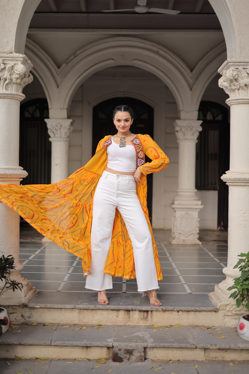 Yellow Faux Georgette Bandhani Shrug with Kutchi Patchwork ClothsVilla