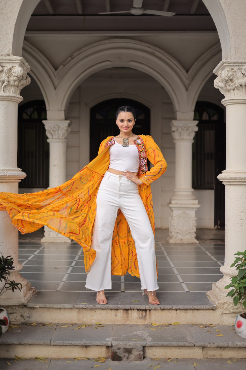Yellow Faux Georgette Bandhani Shrug with Kutchi Patchwork ClothsVilla