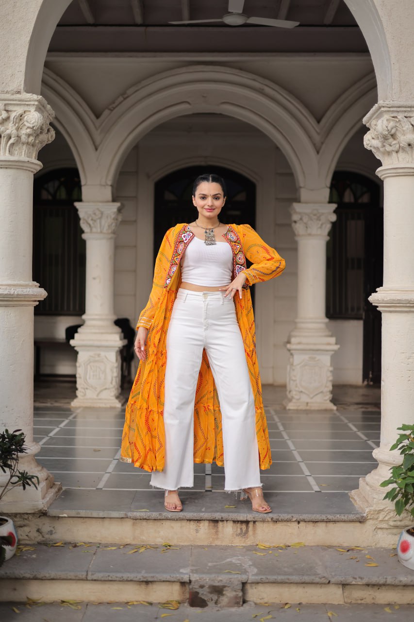 Yellow Faux Georgette Bandhani Shrug with Kutchi Patchwork ClothsVilla