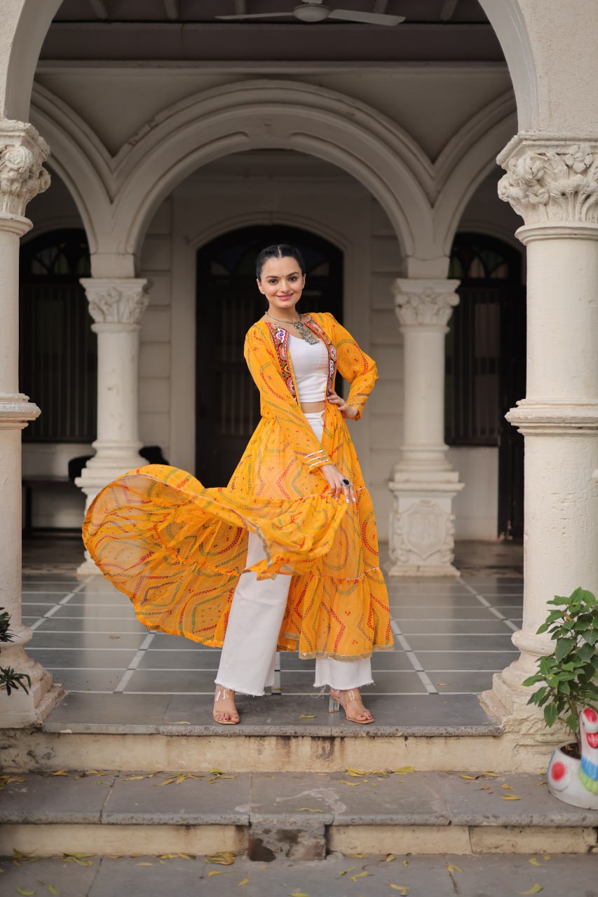 Yellow Faux Georgette Bandhani Shrug with Kutchi Patchwork ClothsVilla