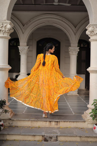Yellow Faux Georgette Bandhani Shrug with Kutchi Patchwork ClothsVilla