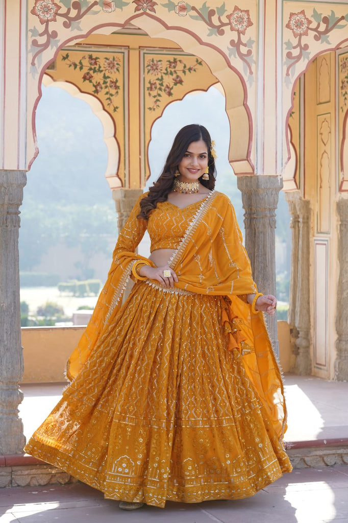 Shimmering Yellow Faux Georgette Lehenga Choli with Sequins & Thread Work ClothsVilla