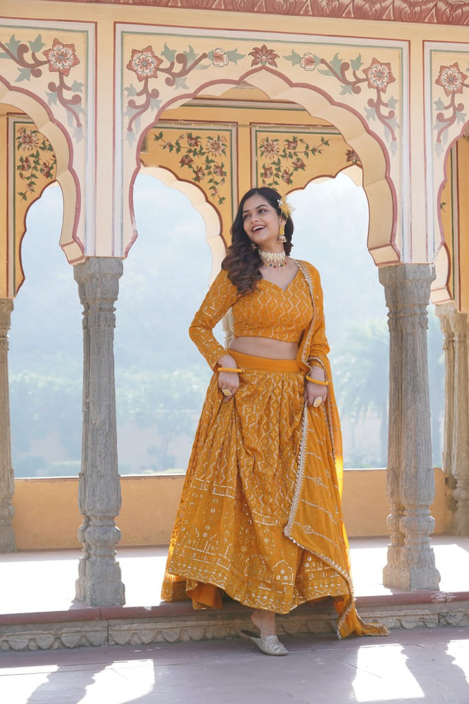 Shimmering Yellow Faux Georgette Lehenga Choli with Sequins & Thread Work ClothsVilla