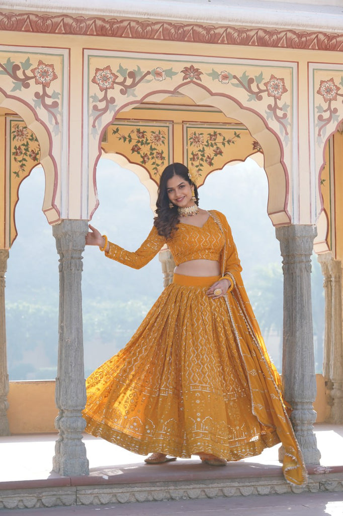 Shimmering Yellow Faux Georgette Lehenga Choli with Sequins & Thread Work ClothsVilla