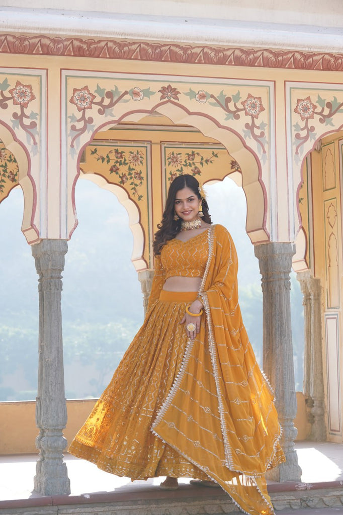 Shimmering Yellow Faux Georgette Lehenga Choli with Sequins & Thread Work ClothsVilla