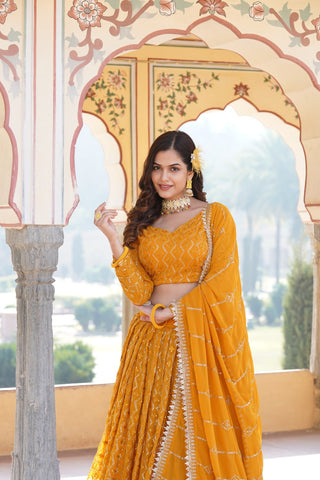 Shimmering Yellow Faux Georgette Lehenga Choli with Sequins & Thread Work ClothsVilla